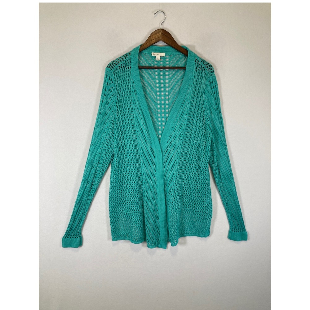 Boho Est. 1946 Women 22/24W Teal Open Knit Crochet‎ Pointelle Cardigan Sweater